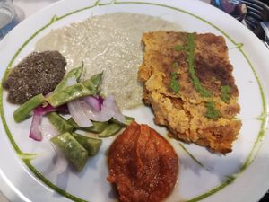 Pastel de gnocci y salsas at Veggie Garden - Dels Angels in Barcelona