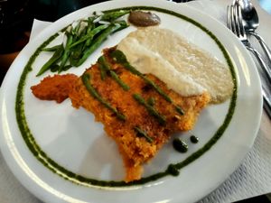 Pumpkin and potato pie with leek sauce at Veggie Garden - Dels Angels in Barcelona