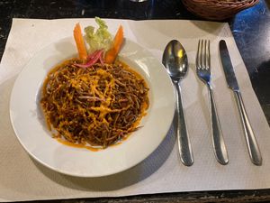 Spagetti like startet with tomato sauce  at Veggie Garden - Dels Angels in Barcelona