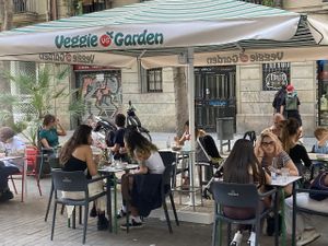 Exterior seating at Veggie Garden - Dels Angels in Barcelona