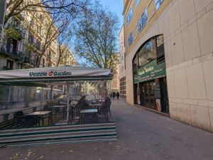 Outdoor, covered seating at Veggie Garden - Dels Angels in Barcelona