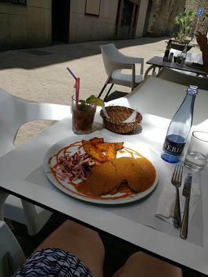 seitan with wine gravy and patatas bravas at Veggie Garden - Dels Angels in Barcelona