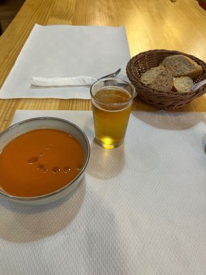 Gazpacho, beer, bread. Part of the 3-course lunch offer for 12,50€. at Veggie Garden - Dels Angels in Barcelona