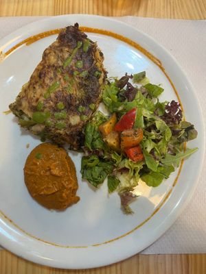 Chickpea omelette, part of the 3-course lunch offer for 12,50€. at Veggie Garden - Dels Angels in Barcelona