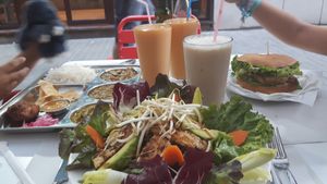 Day dish (japanese noodle salad), veggieburger and Thalie with milkshakes. at Veggie Garden - Dels Angels in Barcelona