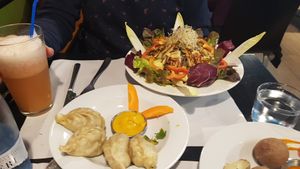 Dumplings and noodle salad! at Veggie Garden - Dels Angels in Barcelona