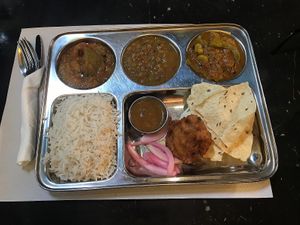 It was the same sabji and a curry. 2 things + rice and papad and pakora  at Veggie Garden - Dels Angels in Barcelona