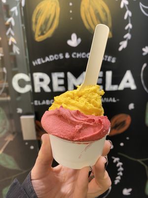 Sorbete de frambuesa y de mango   at Cremela Helados y Chocolates in Cangas De Onis