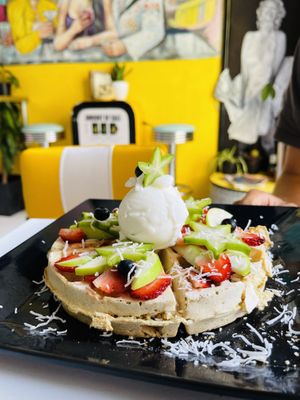 Waffle with ice and fruits   at Vegan Café Retro in Guatape