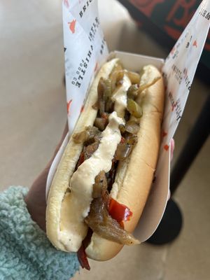 Vegan hot dog with peppers and onions   at Birdland - Camden Yards in Baltimore
