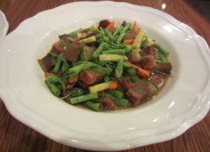 Basil fried pork, 20,000 kip. at Cuisine d'or Vegetarian Food in Vientiane