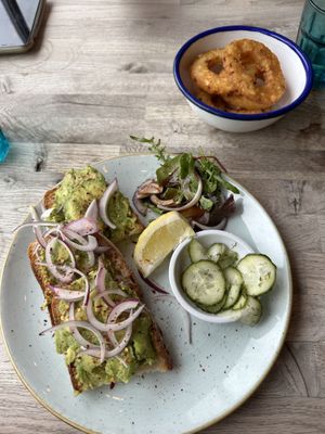 Avocado toast and potato rings!😍  at Riverview Kitchen in Durham