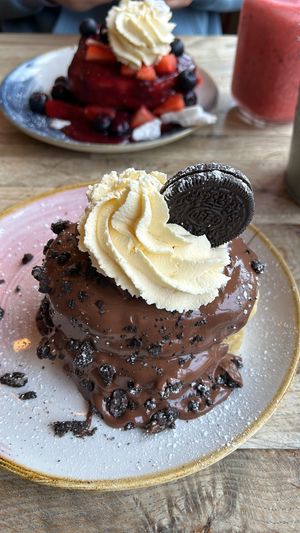 Utterly Chocolate Deluxe Pancakes (for reference, not vegan... sorry) at Riverview Kitchen in Durham
