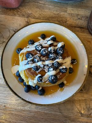 Blueberries, Maple Syrup, and Vanilla Crême Fraîche Pancakes (another photo for reference)  at Riverview Kitchen in Durham