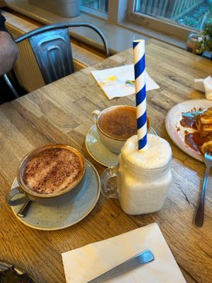 Vegan Vanilla Milkshake, Cappuccino with Oat Milk, and Chai Latte with Soya Milk at Riverview Kitchen in Durham
