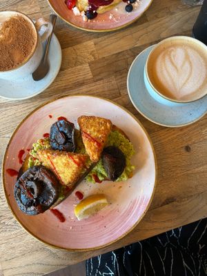 Vegan Mushrooms, Avocado, and Hash Browns on Sourdough, and Latte with Oat Milk at Riverview Kitchen in Durham