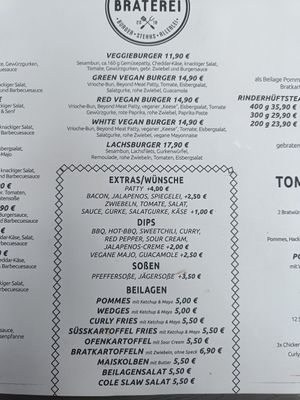 Speisekarte at Tommy's Braterei in Bad Kissingen