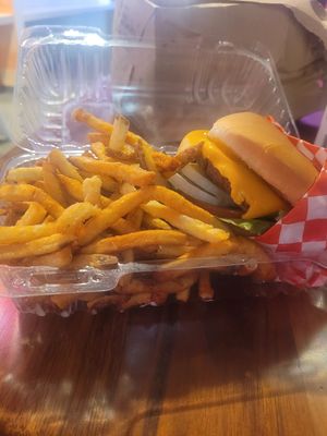 Small burger,  old tasting fries at VOWburger in Stanton