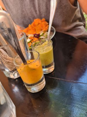 Sauces with your meal really yummy at La Selva de los Gatos in Oaxaca