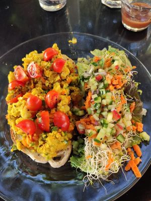 Chickpeas tofu "eggs" toasts. at La Selva de los Gatos in Oaxaca