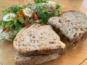 Sandwich de choriqueso (made of lentils) - very delicious  at La Selva de los Gatos in Oaxaca
