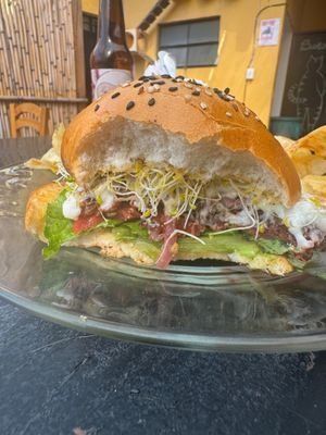 Amazing burger at La Selva de los Gatos in Oaxaca