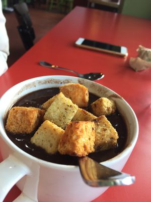 Black bean soup with croutons  at Soupergirl - Takoma in Washington