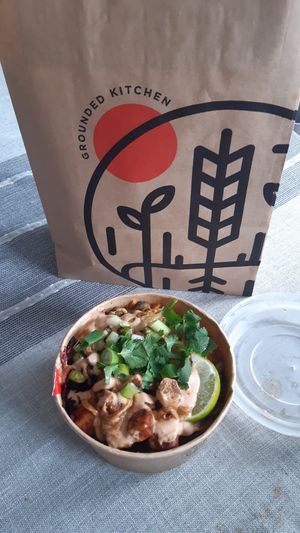 Bowl with tempeh, adjusted contents provided by friendly staff at Grounded Kitchen in Headington