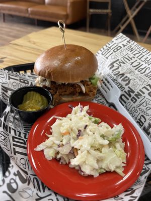 Uncle John’s BBQ Sandwich Special (Pulled Pork, Eastern Carolina-Style BBQ Sauce, Coleslaw, Pickles, and Brioche Bun)  at Plant Based Boss in Hickory