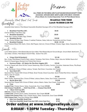 Menu at Indigo Valley in Wasilla