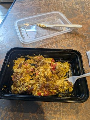 Byo tofu scramble, actual portion, microwaved at Harrison Street Cafe in Richmond