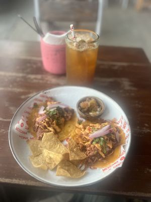 Jackfruit tacos and passion fruit iced tea   at Cantina Mexicana in 