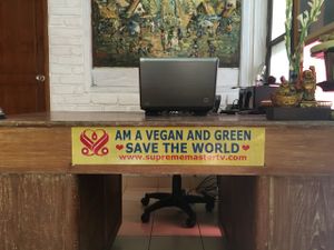 The owners desk sign :) at Tasty Vegan in Seminyak