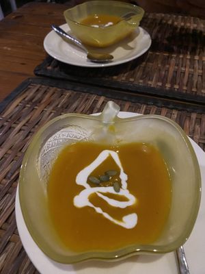 2.5 years later I’m here again! Complimentary pumpkin soup, delicious   at Tasty Vegan in Seminyak