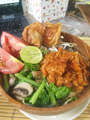 Noodle soup with veggies and bolonaise dumplings! at Tasty Vegan in Seminyak