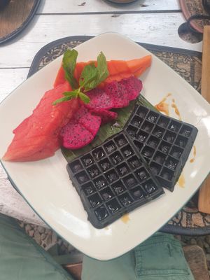 Black charcoal waffles at Tasty Vegan in Seminyak