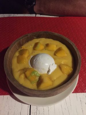 Vanilla ice cream in mango purée (35k) at Tasty Vegan in Seminyak