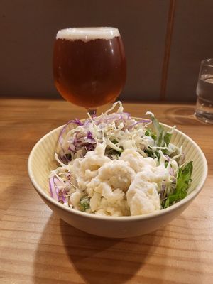 Vegan potato salad and beer at Chabuya Curry Tenjin ちゃぶや in Fukuoka