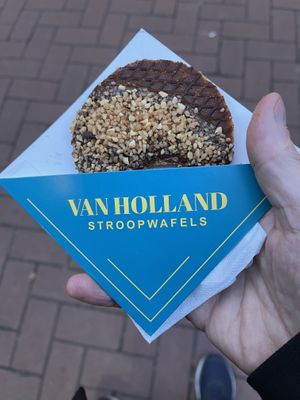 Individual stroopwafel with chocolate and hazelnut topping  at Van Holland Stroopwafels in Amsterdam