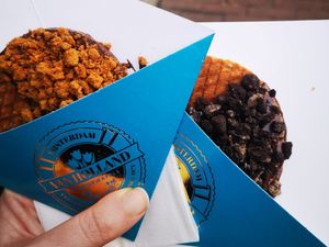 €5 each with melted chocolate and topping (left: Speculoos, right: Oreo) at Van Holland Stroopwafels in Amsterdam