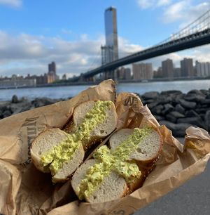 Tofu egg salad on everything bagel  at Murray's Bagels in New York City