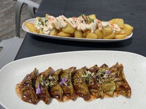 Canarian Bravas and Fried Gyozas Tapas    at Hesperides in Lanzarote
