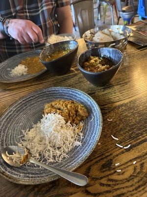 Aubergine curry and rice plus a samba and roti   at Dhoom in Dunfermline