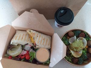 Chorizo breaky wrap & Buddha brat bowl at Pinkavo Cafe in Langley