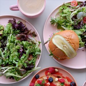 “the basic” avocado toast + side salad, “the burger” + side salad, peanut butter jelly time and an oat mylk latte  at Pinkavo Cafe in Langley