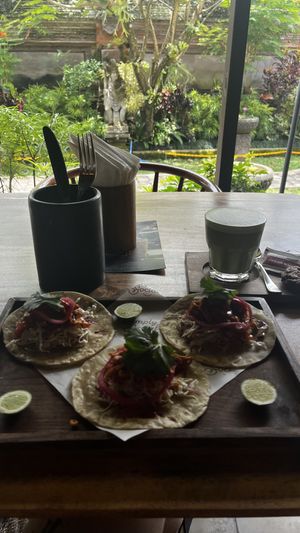 Jackfruit tacos and matcha oat latte   at Simply Social in Ubud
