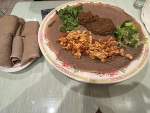 Injera with tofu tibsie and lentil at Cafe Ethiopia in San Francisco