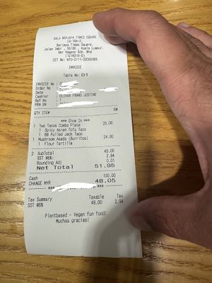 Receipt  #Veganuary at Sala - Berjaya Times Square in Kuala Lumpur