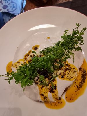 Savoury pastry with yoghurt sauce at Vegan Dükkan Lokanta - The Eatery in Istanbul