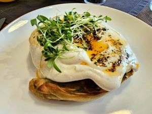 Spinach and tofu borek with yogurt at Vegan Dükkan Lokanta - The Eatery in Istanbul